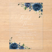 Navy Blue Flowers, Greenery, Boho, Vrijgezellenfee Acryl Uitnodigingen (Voorkant)