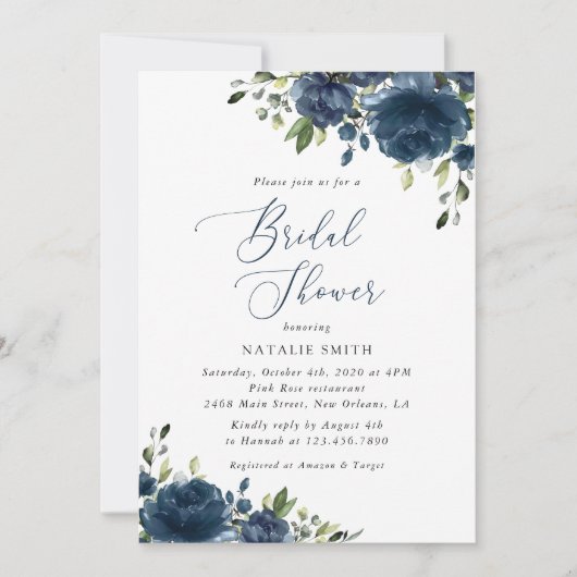 Navy Blue Flowers, Greenery, Boho, Vrijgezellenfee Kaart (Voorkant)