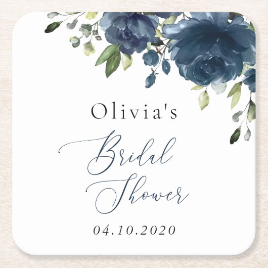 Navy Blue Flowers, Greenery, Boho, Vrijgezellenfee Kartonnen Onderzetters (Voorkant)