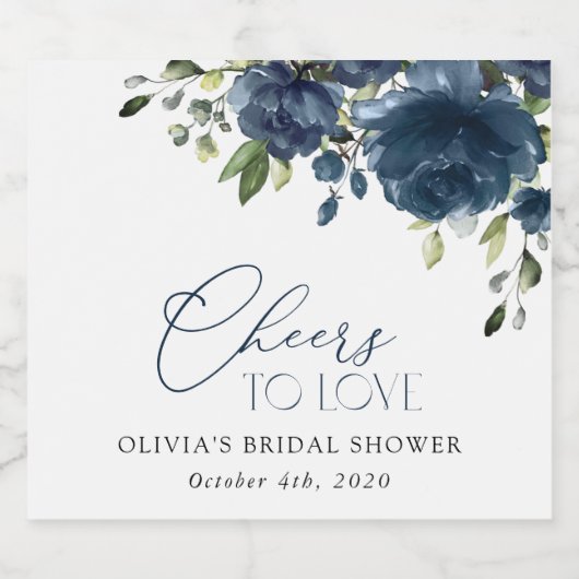 Navy Blue Flowers, Greenery, Boho, Vrijgezellenfee Sparkling Wijnetiket (Enkel label)