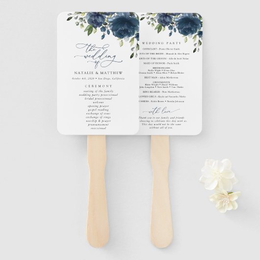 Navy Blue Flowers, Greenery, Boho, Wedding Program Handwaaier (Voorkant en achterkant)