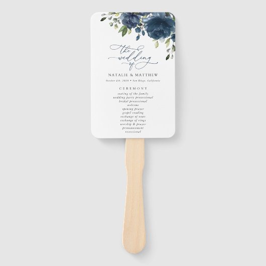 Navy Blue Flowers, Greenery, Boho, Wedding Program Handwaaier (Voorkant)
