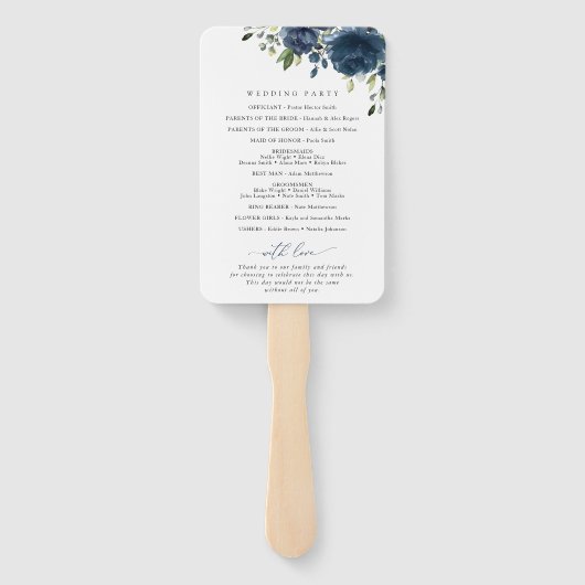 Navy Blue Flowers, Greenery, Boho, Wedding Program Handwaaier (Achterkant)