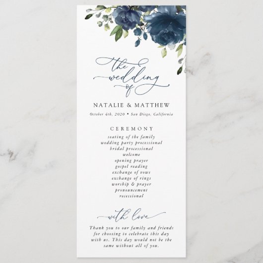 Navy Blue Flowers, Greenery, Boho, Wedding Program Programmakaart (Voorkant)