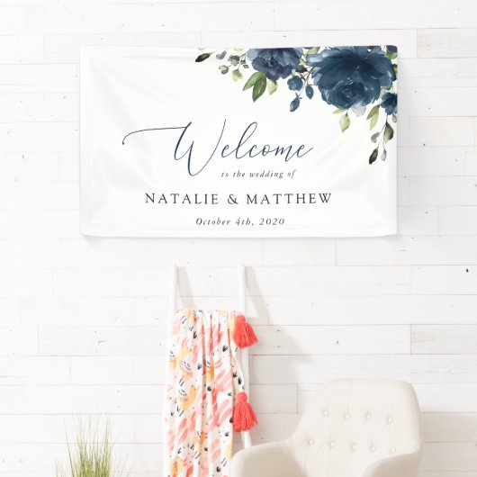 Navy Blue Flowers, Greenery, Boho, Wedding Welcome Spandoek (Insitu)