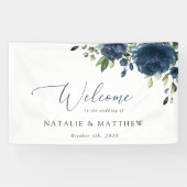 Navy Blue Flowers, Greenery, Boho, Wedding Welcome Spandoek (Horizontaal)