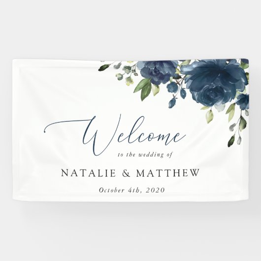 Navy Blue Flowers, Greenery, Boho, Wedding Welcome Spandoek (Horizontaal)