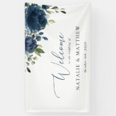 Navy Blue Flowers, Greenery, Boho, Wedding Welcome Spandoek (Verticaal)
