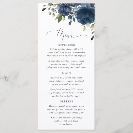 Navy Blue Flowers, Greenery, Bridal Shower Menu (Voorkant)