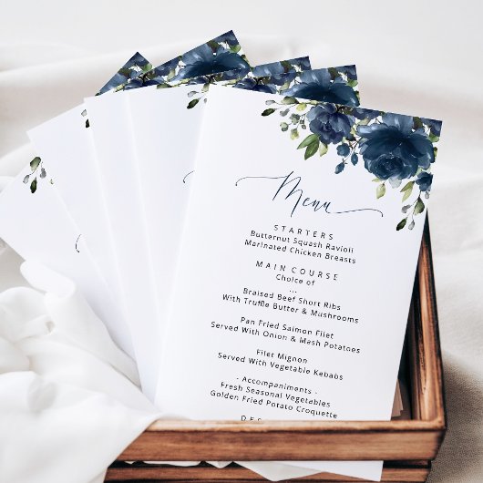 Navy Blue Flowers, Greenery, Menu Vrijgezellenfees