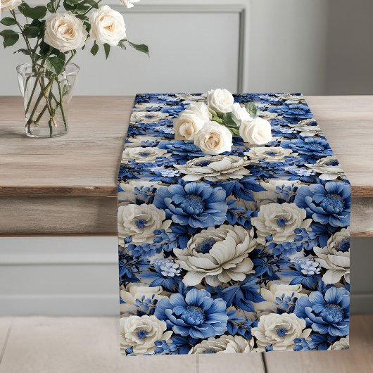 Navy Blue Flowers Ivory Floral Table Runner Lange Tafelloper