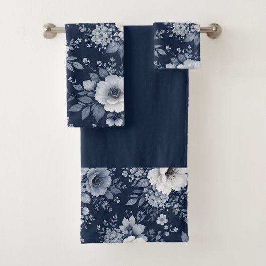 navy blue flowers modern decorative bathroom  bad handdoek (Insitu)