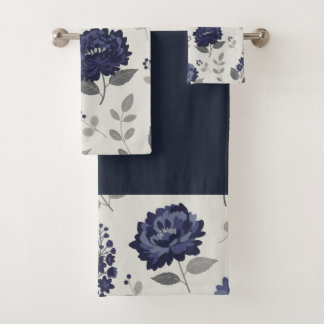 navy blue flowers modern decorative bathroom  bad handdoek