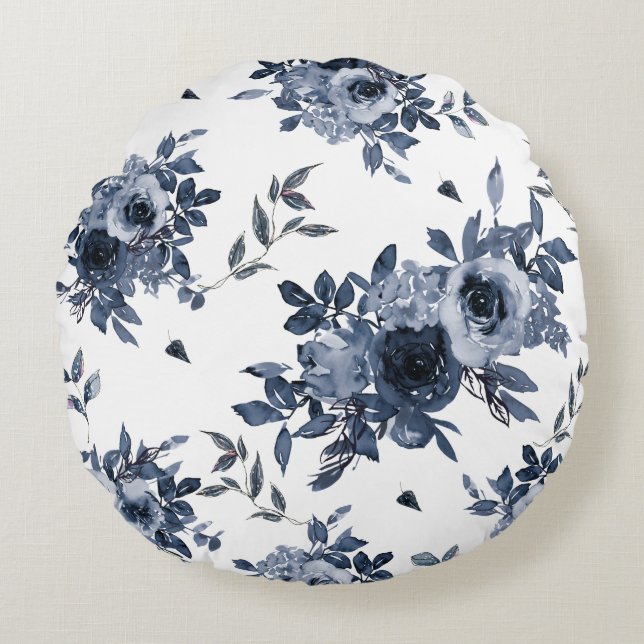 Navy Blue Flowers op White Circular Sierkussen Rond Kussen (Voorkant)