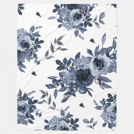 Navy Blue Flowers op White Fleece Deken (Voorkant)