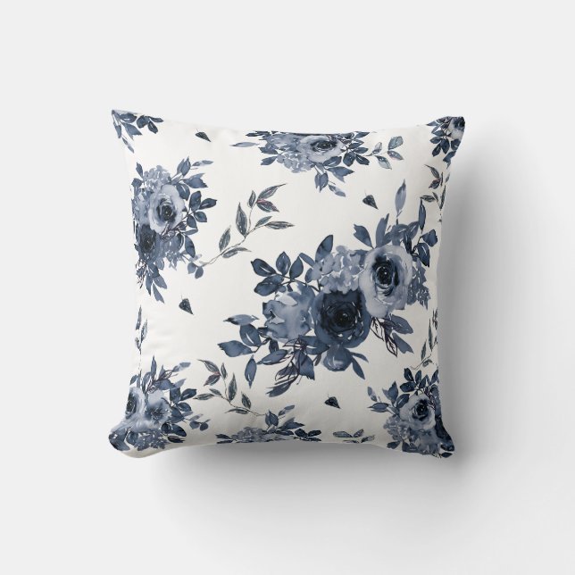 Navy Blue Flowers op White Kussen (Voorkant)