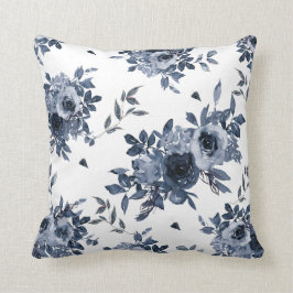 Navy Blue Flowers op White Kussen