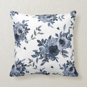 Navy Blue Flowers op White Kussen