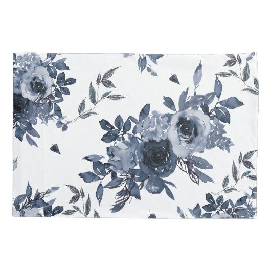 Navy Blue Flowers op White Kussensloop (Achterkant)