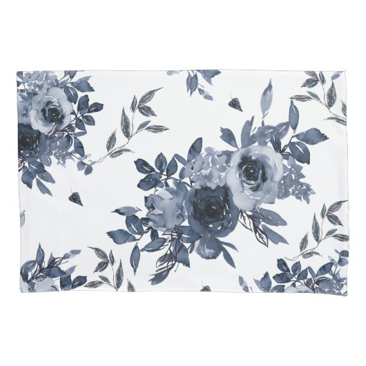 Navy Blue Flowers op White Kussensloop (Voorkant)