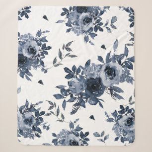 Navy Blue Flowers op White Sherpa Deken