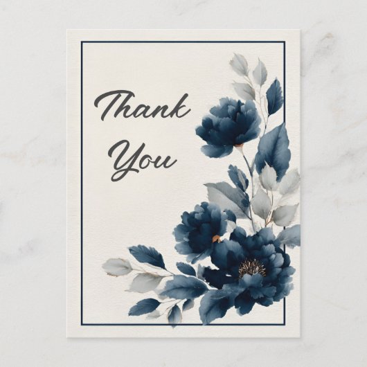 Navy Blue Flowers & Outline Dank u kaart (Voorkant)