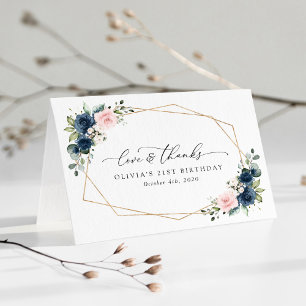 Navy Blue Flowers, Pink Flowers, Boho, Birthday Bedankkaart