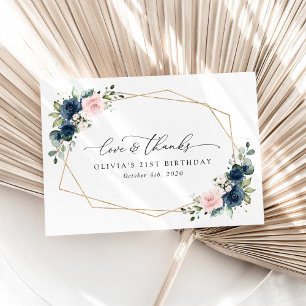 Navy Blue Flowers, Pink Flowers, Boho, Birthday Bedankkaart