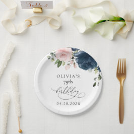 Navy Blue Flowers, Pink Flowers, Boho, Birthday Papieren Bordje