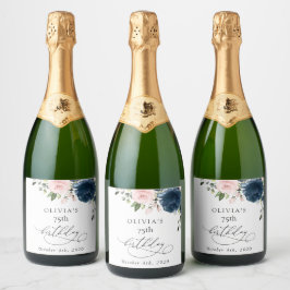 Navy Blue Flowers, Pink Flowers, Boho, Birthday Sparkling Wijnetiket