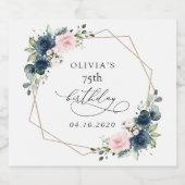 Navy Blue Flowers, Pink Flowers, Boho, Birthday Sparkling Wijnetiket (Enkel label)