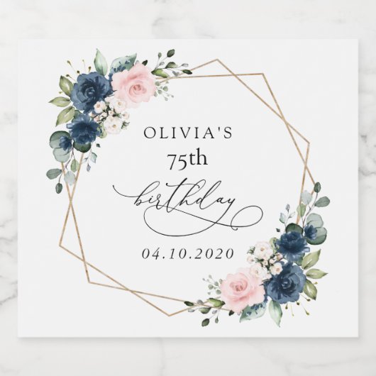 Navy Blue Flowers, Pink Flowers, Boho, Birthday Sparkling Wijnetiket (Enkel label)