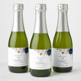 Navy Blue Flowers, Pink Flowers, Boho, Birthday Sparkling Wijnetiket