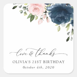 Navy Blue Flowers, Pink Flowers, Boho, Birthday Vierkante Sticker