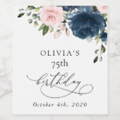 Navy Blue Flowers, Pink Flowers, Boho, Birthday Wijn Etiket (Enkel label)