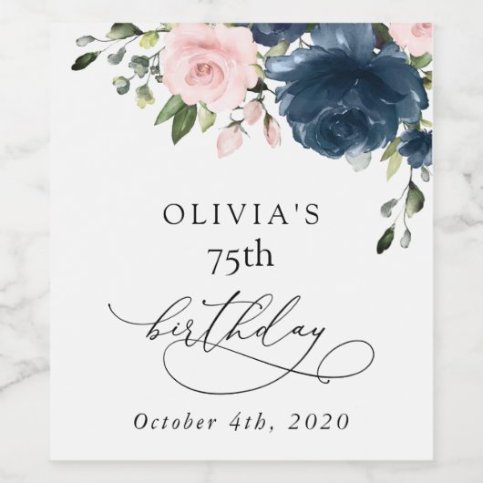 Navy Blue Flowers, Pink Flowers, Boho, Birthday Wijn Etiket (Enkel label)