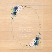 Navy Blue Flowers, Pink Flowers, Boho, Sweet 16 Acryl Uitnodigingen (Voorkant)
