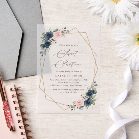 Navy Blue Flowers, Pink Flowers, Boho, Sweet 16 Vellum Uitnodigingen (Huwelijk)