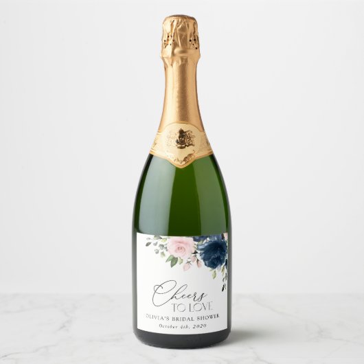 Navy Blue Flowers, Pink Flowers, Bridal Shower Sparkling Wijnetiket (Voorkant)