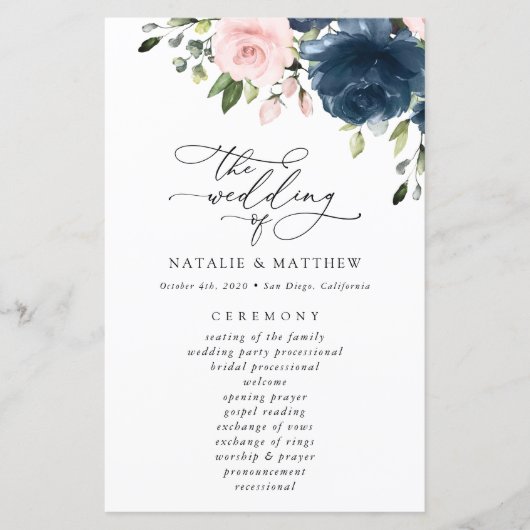 Navy Blue Flowers, Pink Flowers, Weddenprogramma (Voorkant)