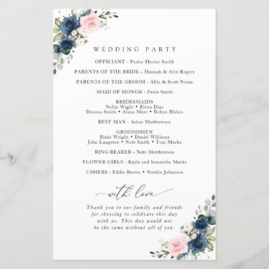 Navy Blue Flowers, Pink Flowers, Weddenprogramma (Achterkant)