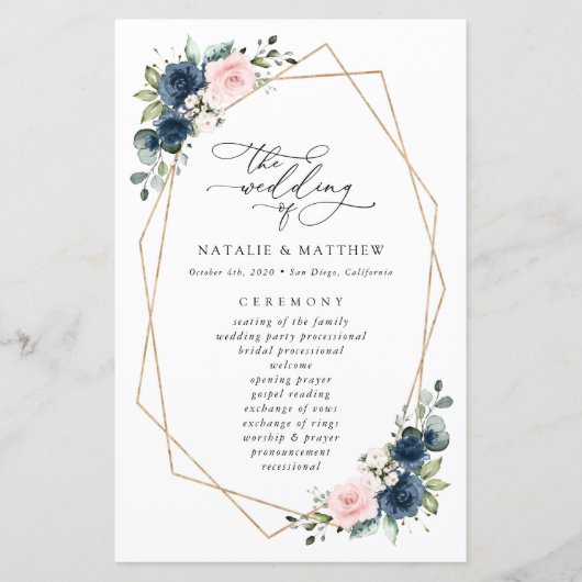 Navy Blue Flowers, Pink Flowers, Weddenprogramma (Voorkant)