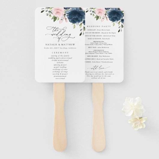 Navy Blue Flowers, Pink Flowers, Weddenprogramma Handwaaier (Voorkant en achterkant)