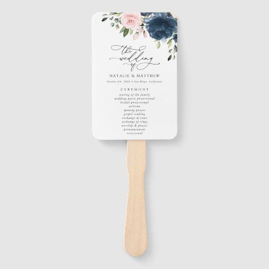 Navy Blue Flowers, Pink Flowers, Weddenprogramma Handwaaier (Voorkant)