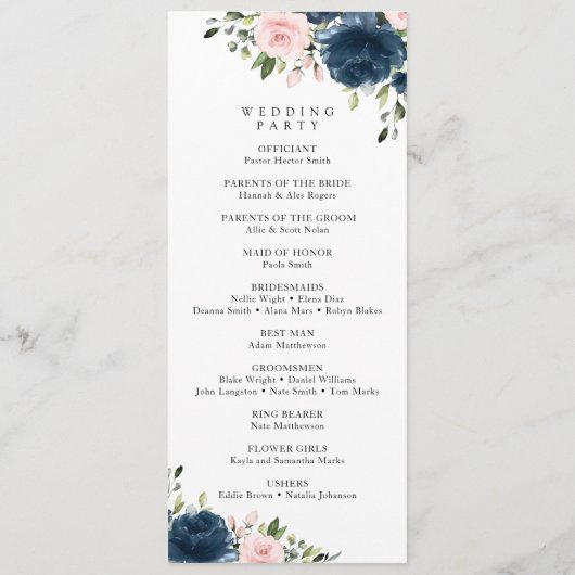 Navy Blue Flowers, Pink Flowers, Weddenprogramma Programmakaart (Achterkant)