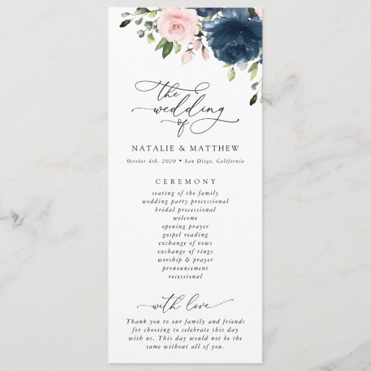Navy Blue Flowers, Pink Flowers, Weddenprogramma Programmakaart (Voorkant)