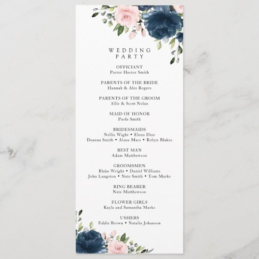 Navy Blue Flowers, Pink Flowers, Weddenprogramma Programmakaart (Achterkant)