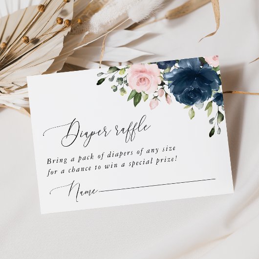 Navy Blue Flowers, roze bloemen, luieraffle Informatiekaartje