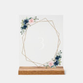 Navy Blue Flowers, roze bloemen, tabelnummers Acryl Bord (Voorkant)