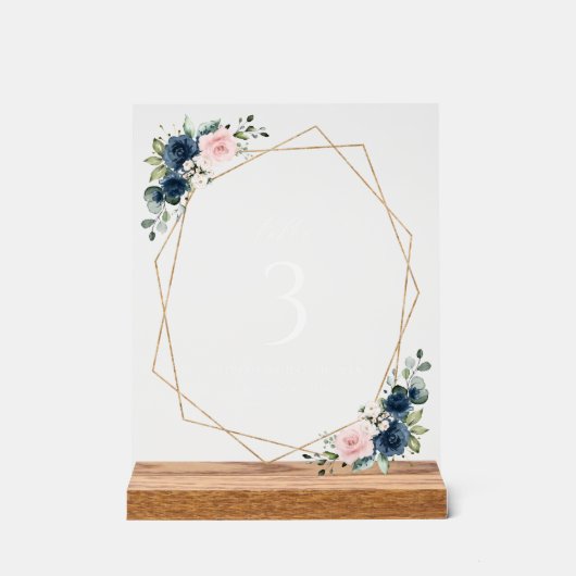 Navy Blue Flowers, roze bloemen, tabelnummers Acryl Bord (Voorkant)